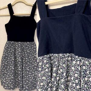 Gap kids girls navy blue tie shoulder floral skirted dress side zip L 10/11